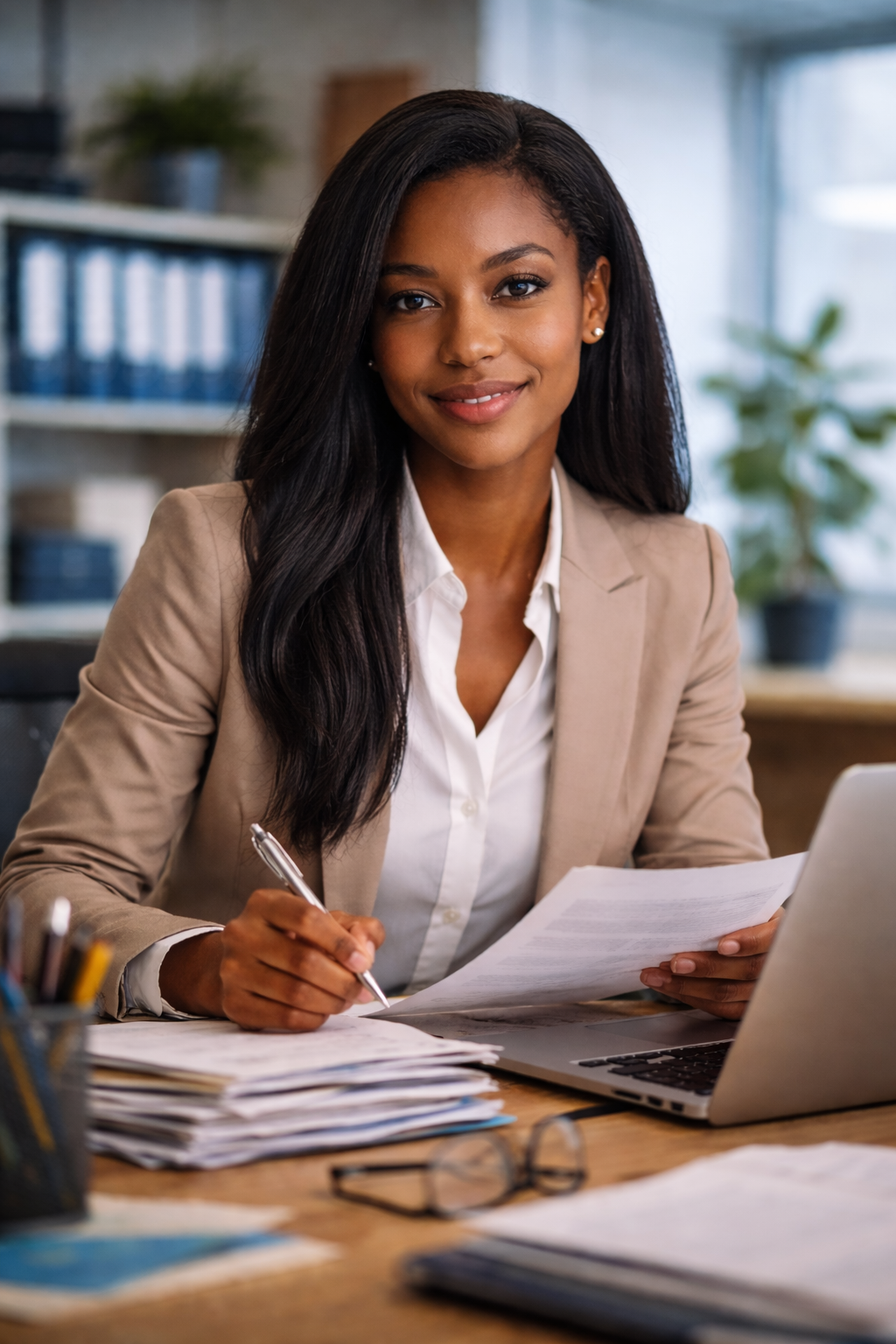 femme d'affaires souriante au bureau
